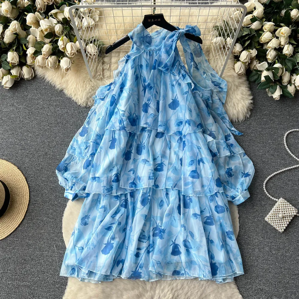 

2024 Summer New Fragmented Flower Women Chiffon Dress Sweet Open Shoulder Lotus Leaf Edge Female Short Skirt