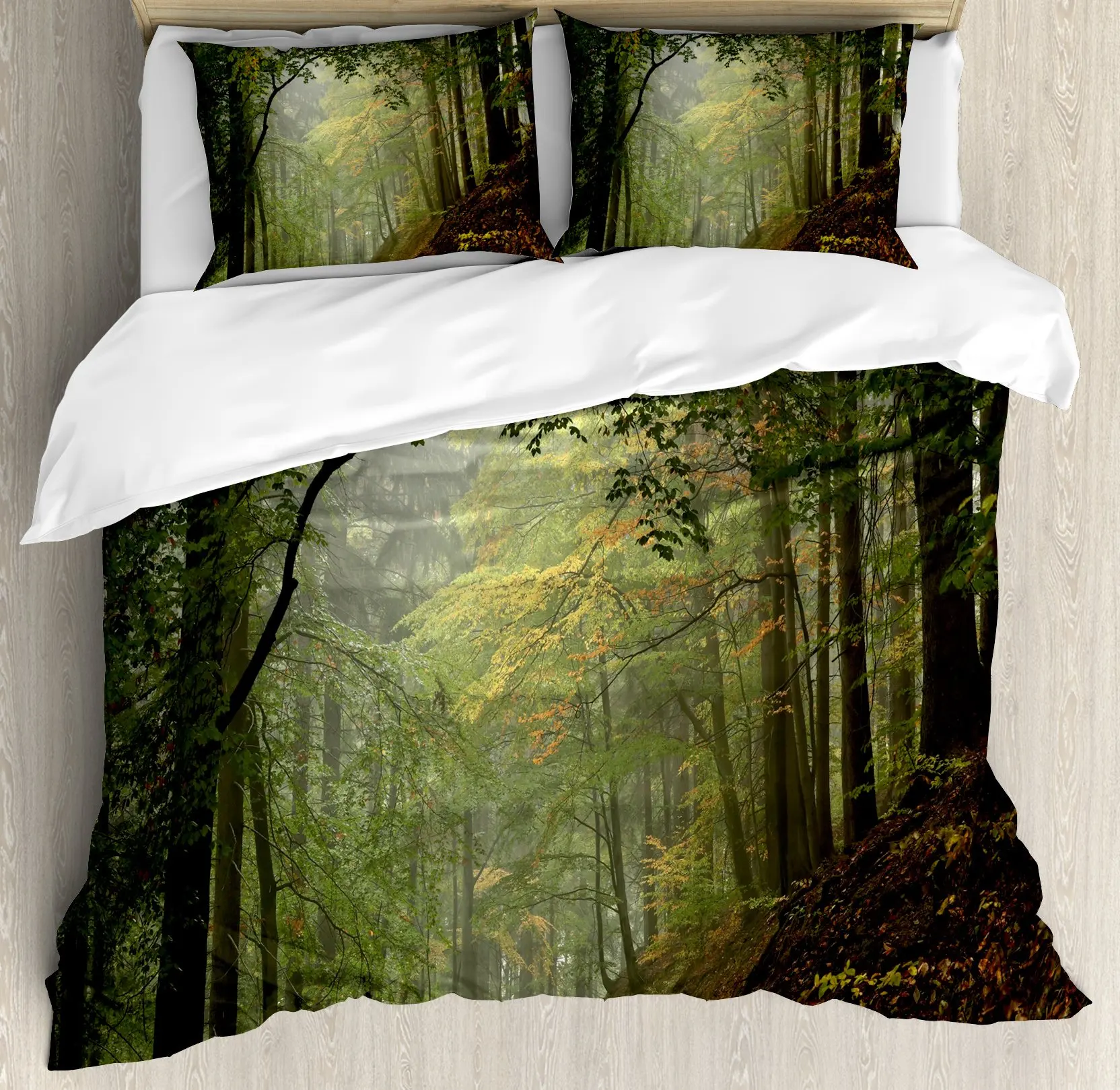 Forest Duvet Cover Set, Misty Autumn Decor 3 Piece Bedding Set with 2 Pillow Shams, Queen King Full Size, for Kids Teens Adults