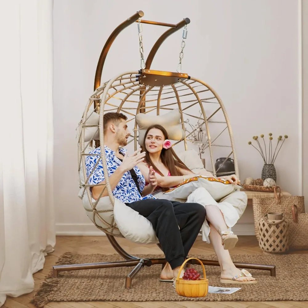 Double Swing Egg Chair with Stand Large 2 Person Indoor Outdoor Wicker Patio Twins Basket Hanging Chair with Beige Cushions