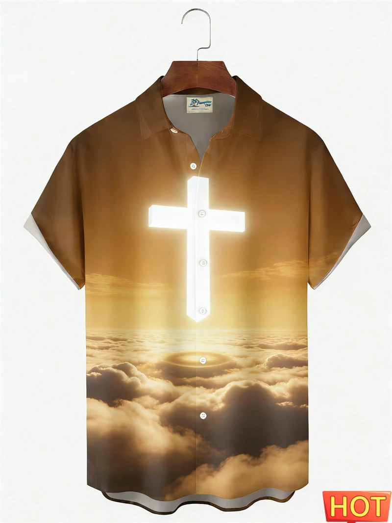

2026 Easter Cross Pattern Men's Short Sleeve Button Down Lapel Shirt For Summer Oversized Top Casual Christian Jesus Theme Shirt
