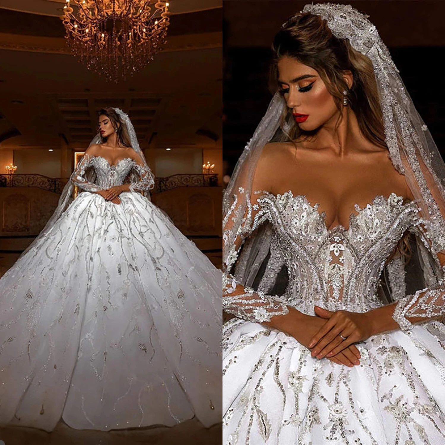 

Princess Royal Ball Gown Wedding Dresses Sheer Off Shoulder Long Sleeves Arabic Dubai Bridal Gowns Sweep Train Bride Dress