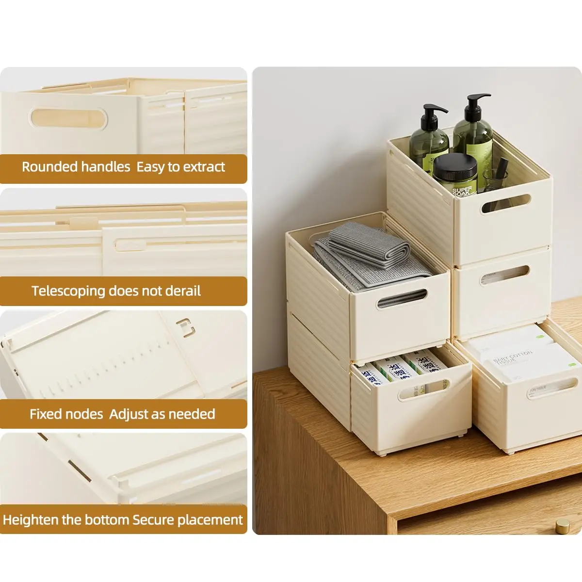 Retractable Drawer Organizer Adjustable Kitchen Storage Box Stackable Drawers Cabinet Organizers Household Sorting Storage Box