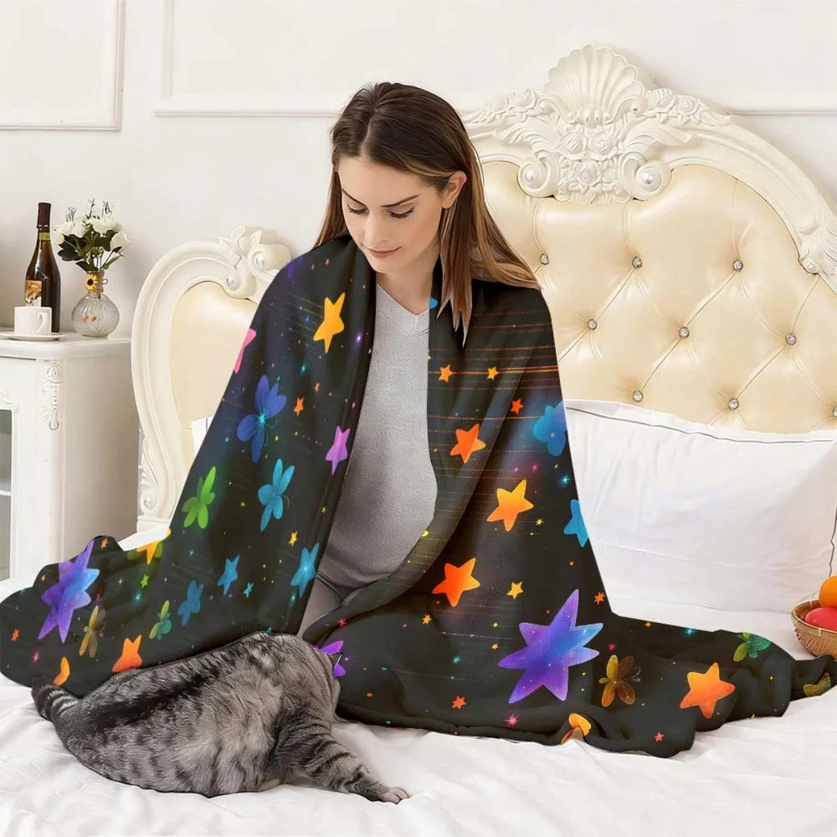 Vibrant Starry Sky Design Digital Print Flannel Throw Blanket, Reversible And Soft, Made from Non-Shedding Polyester Weave. Ligh