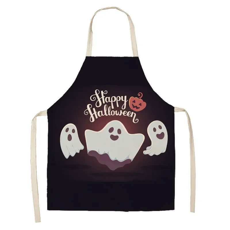 Halloween Wizard Cat Pumpkin Pattern Kitchen Apron Horror Skull Sleeveless Linen Bib Men and Women Cleaning Anti-fouling Tools