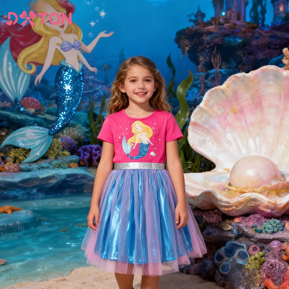 

DXTON Детские платья с короткими рукавами, юбка из полиэстера и сетки, лоскутное хлопковое детское платье для девочек, летние костюмы русалки для малышей