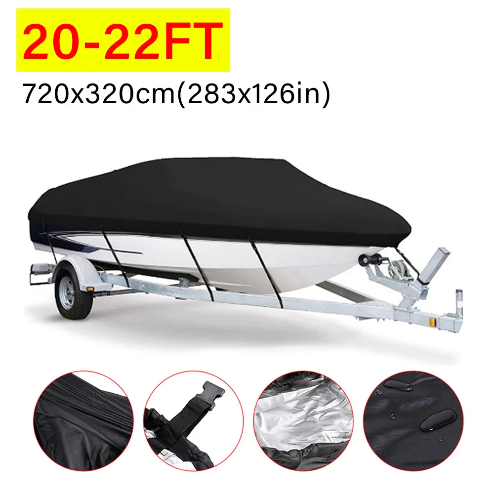 

190T Black Boat Cover Yacht Cover 14-22FT Anti-UV Waterproof Outdoor Protection Heavy Duty Marine Fishing Speedboat