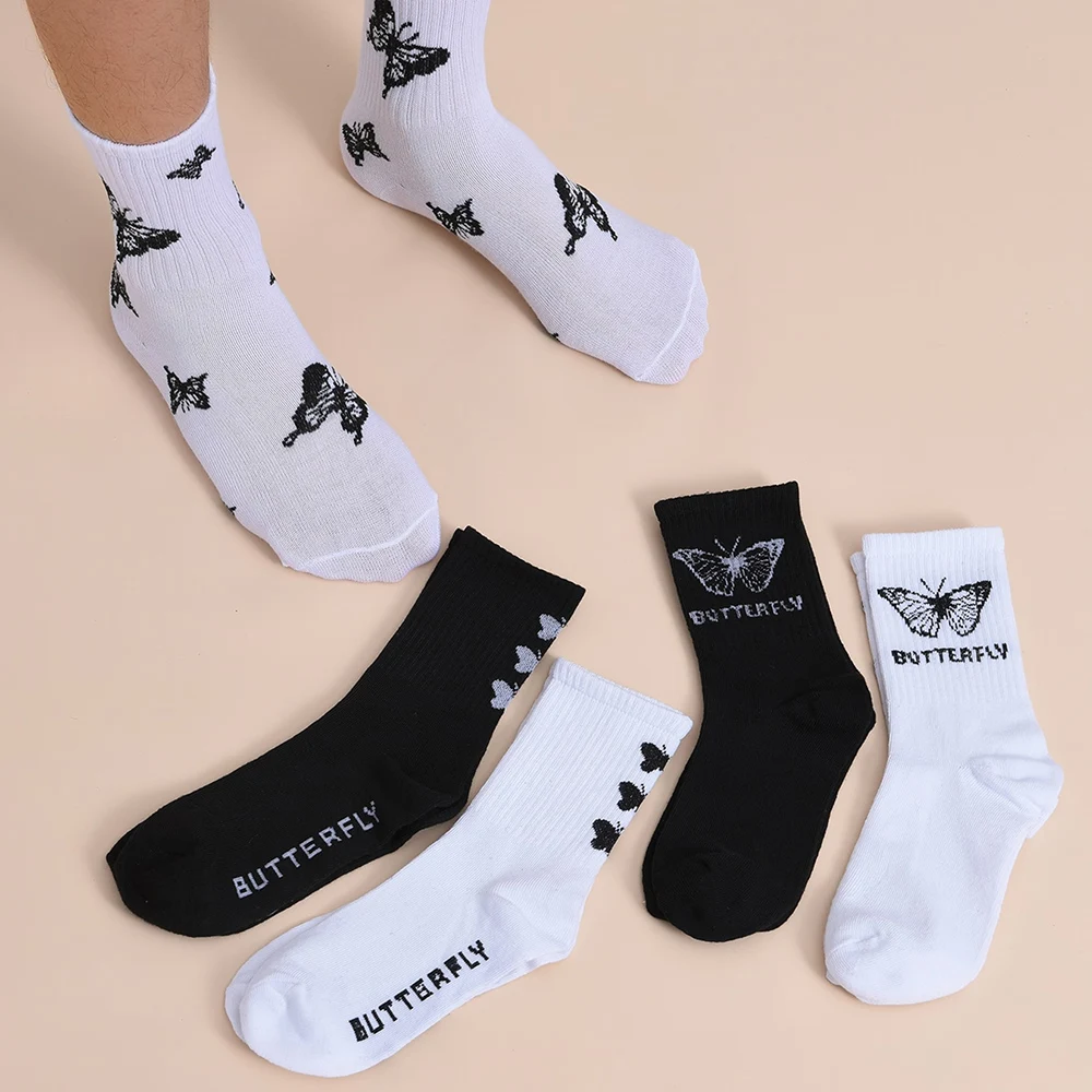 5 Pairs Women Butterfly Patterned Round Neck Socks Fashionable Versatile Odor Resistant Comfortable Casual Medium Length Socks