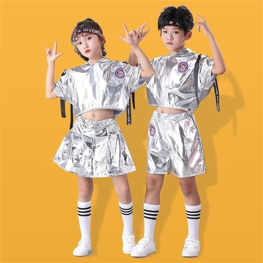 Fashion Boys Hip-hop Set Girl Silver Color Jazz Dance Costume Children Performance Clothes Dance Costume Cool Rave Outfits