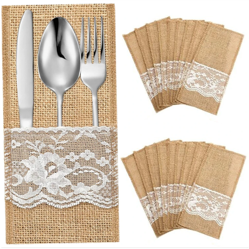 10/20PCS Natural Burlap Tableware Utensil Holders , Cutlery Pockets, Lace Cutlery Bag, Knife, Fork,wedding Decoration Bag