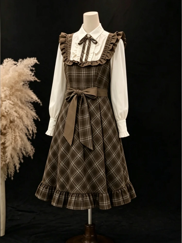 Women Autumn Winter Fake Two Piece Spliced Long Sleeve Plaid Dress Waist Slimming College Style Sweet A Line Dress For Girls