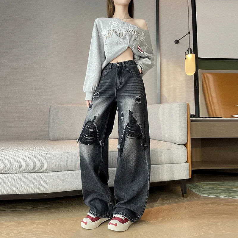 2026 New Women's American Retro New Arrival Ripped Jeans High Street Distressed Wide Leg Denim Pants Fashion Casual Trousers