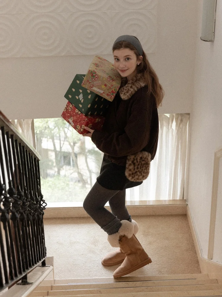 Jaqueta Feminina de Inverno Casual Quente com Estampa de Leopardo em Camurça, Modelo Slim