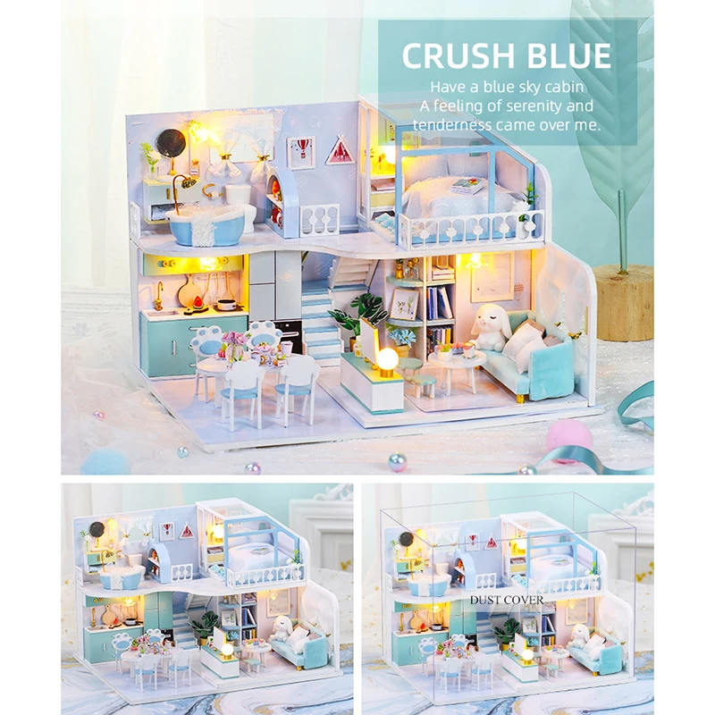 DIY Doll House Miniature 3D Wooden Dollhouses Set Furniture Kit with LED & Dust Cover Toys for Children Gift Blue