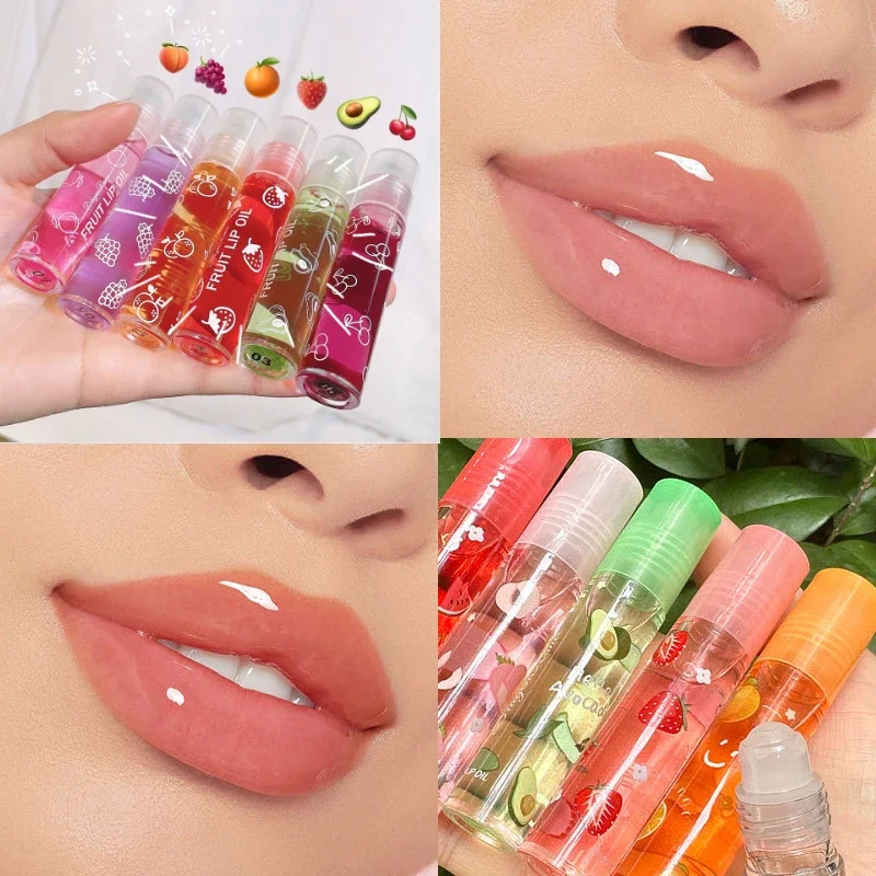 Bálsamo labial roll-on de frutas frescas, 1 peça, óleo labial transparente, hidratante, redução de linhas labiais, nutre, cosméticos líquidos de longa duração