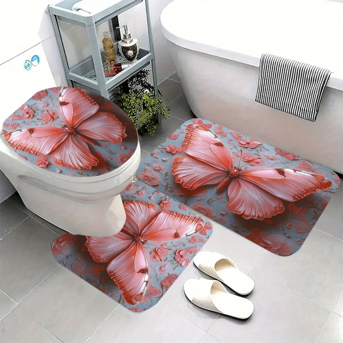 

3pcs Pink Butterfly Floral Bathroom Set - Soft Flannel Non-Slip Toilet Mat, U-Shaped Lid Cover & Bath Rug with Dark Blue Backgro
