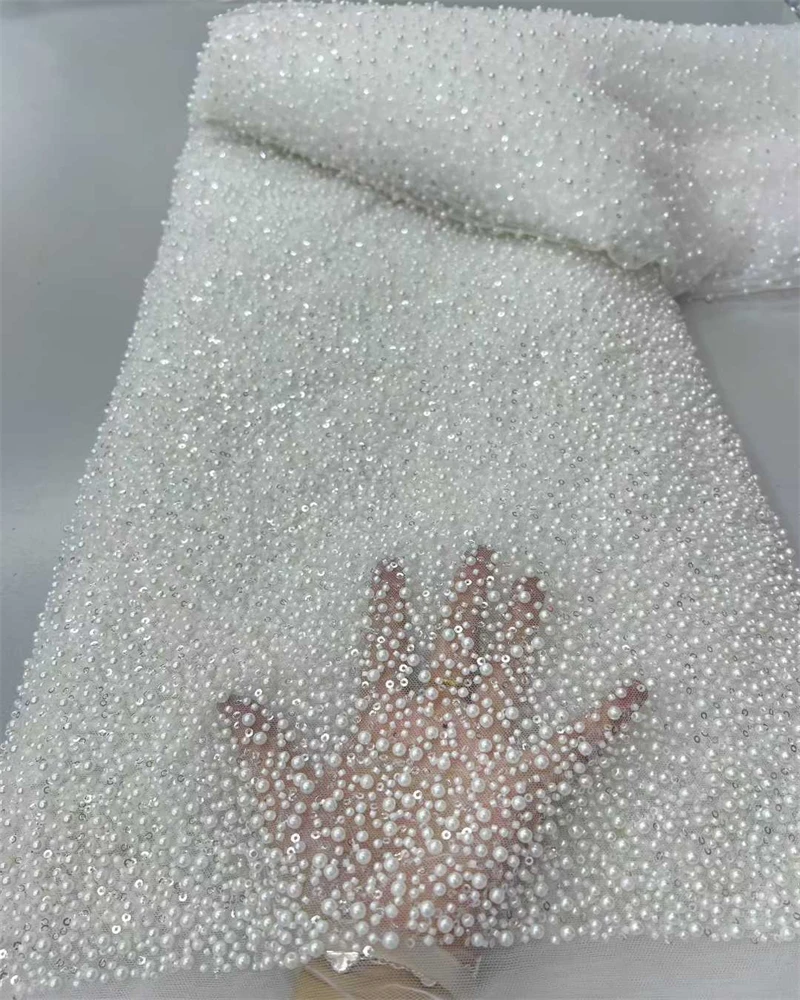 

African Lace Fabric Embroidered with Sequins And Beads Tulle Mesh for Nigerian Wedding Dress Material Beads Included