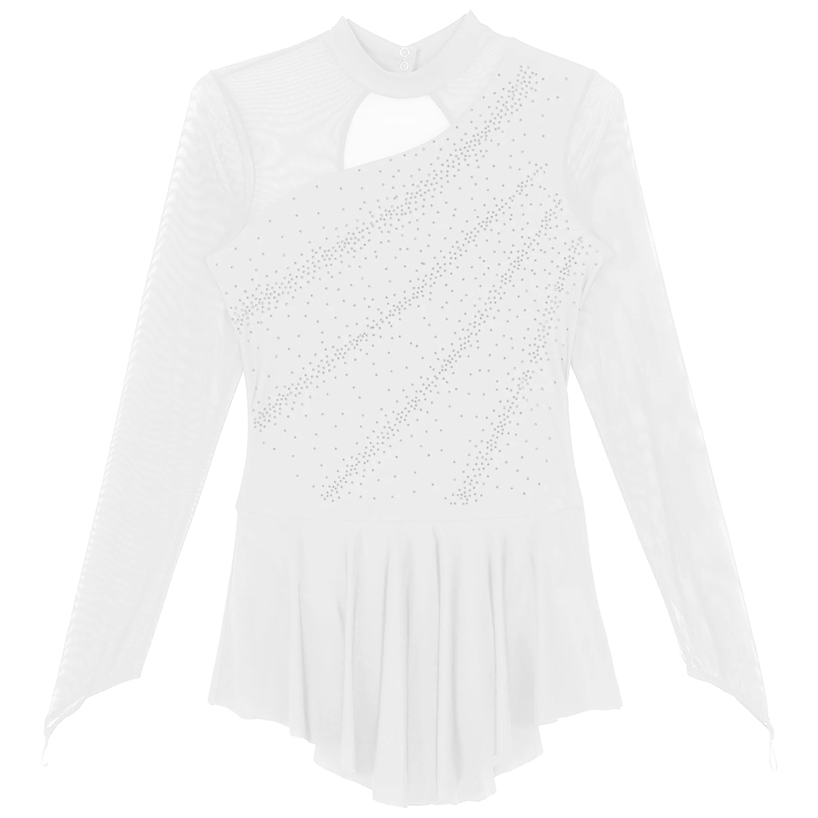 Women Figure Ice Skating Costume Ballet Lyrical Dance Dress Gymnastic Leotard Long Sleeve Sheer Mesh Shiny Rhinestone Dancewear