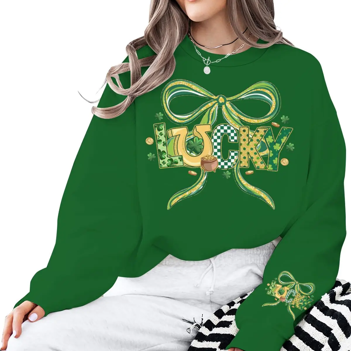 

2026 St. Patrick's Day Lucky Coquette Bow SweatshirtFor Women Ireland Street Lucky Trend Pullover Festival Fashion Trend Top