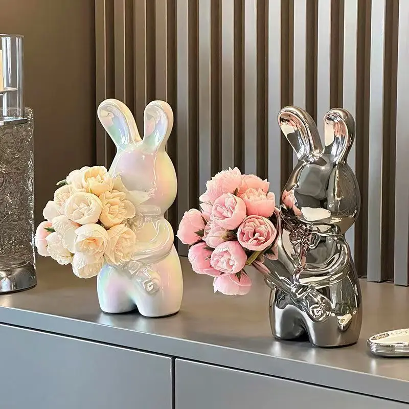 

Ceramic Rabbit Vase with Floral Art,Luxury Handmade Centerpiece for Living Room Table Decor,Artistic Housewarming Gift Sculpture