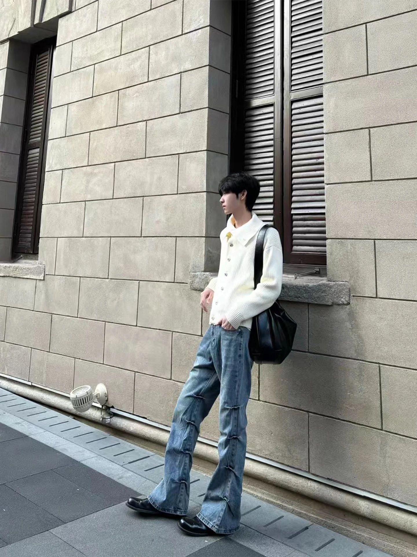 

Blue Waed Pleated Men's Jeans High Street Sle Straight Leg Bell Bot Autumn Faion Brand Casual Loose Fit Vintage