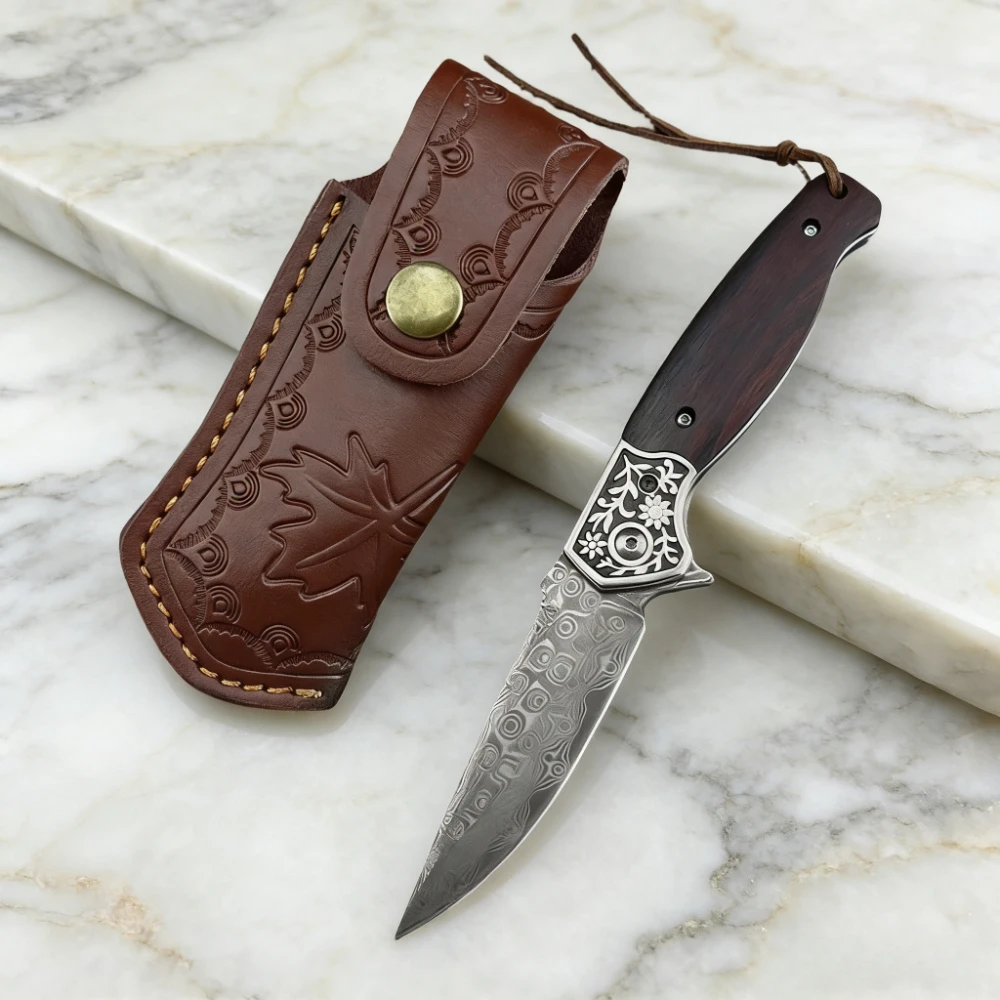 

Складной нож из дамасской стали с узором «Капли дождя» и рукоятью из палисандра, с ножнами, для активного отдыха, кемпинга, туризма, портативный нож для выживания