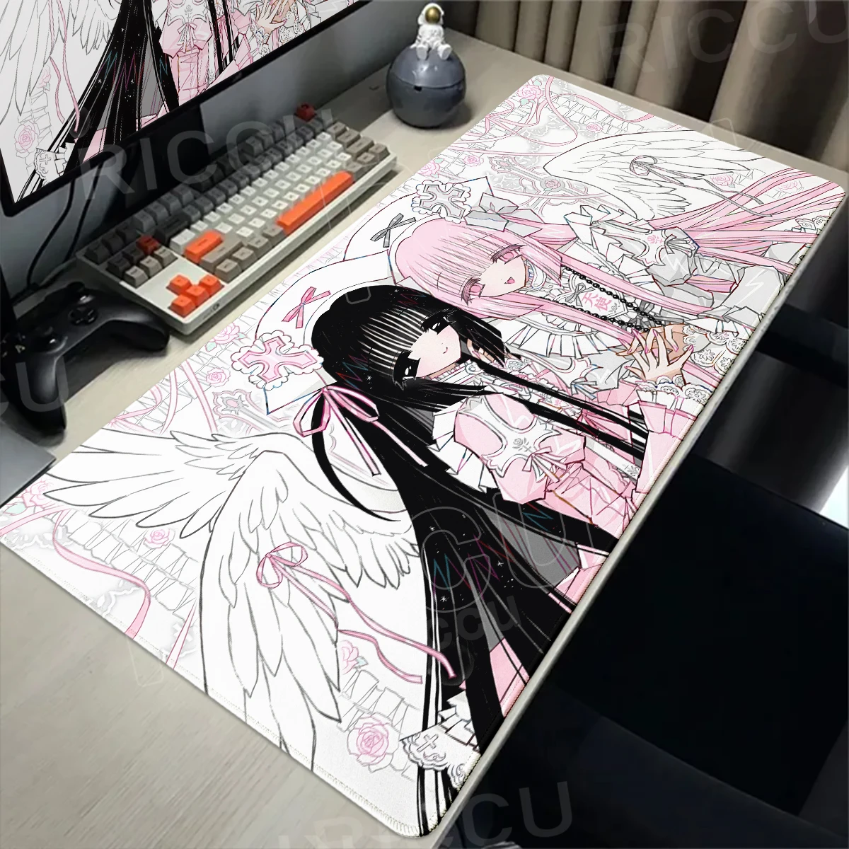 Rosa Mauspad, Engel-Ästhetik, für Büro, erweitertes Mauspad, PC-Schreibtischzubehör, Gaming-Pads, rutschfeste XXL-Matte für Anime-Mädchen, Gamer-Matten