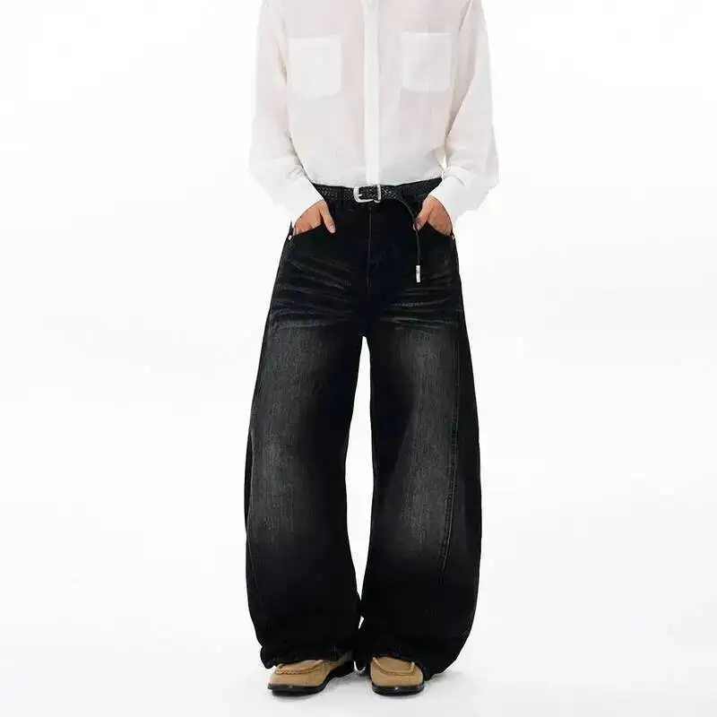 American Retro Black Washed Men's Jeans Straightleg Trendy Casual Niche Wide Leg Loose Fitting Casual Denim Pants VQ0F