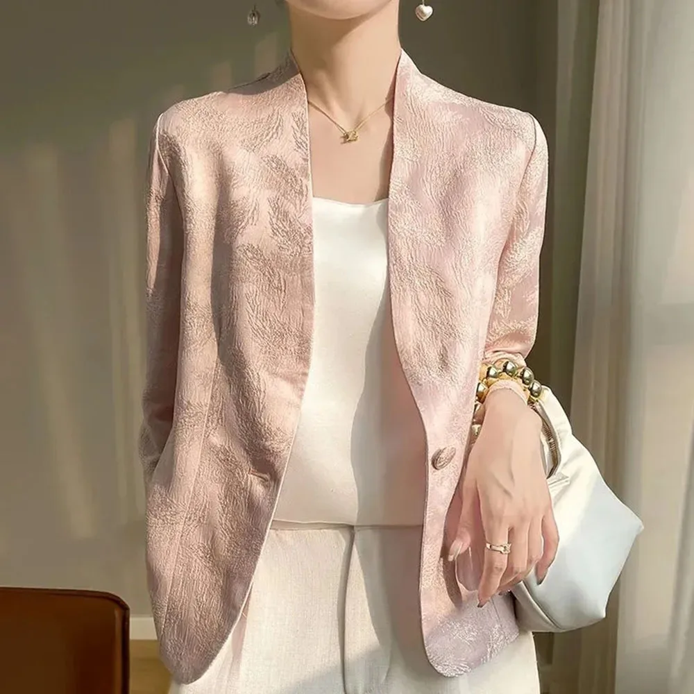 2024 New Women\'s Jacquard Short Jacket Spring Summer One Button Slim Blazers Casual Top Lady Pink White Office Elegant Suit Coat