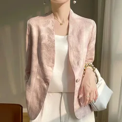 2024 New Women's Jacquard Short Jacket Spring Summer One Button Slim Blazers Casual Top Lady Pink White Office Elegant Suit Coat