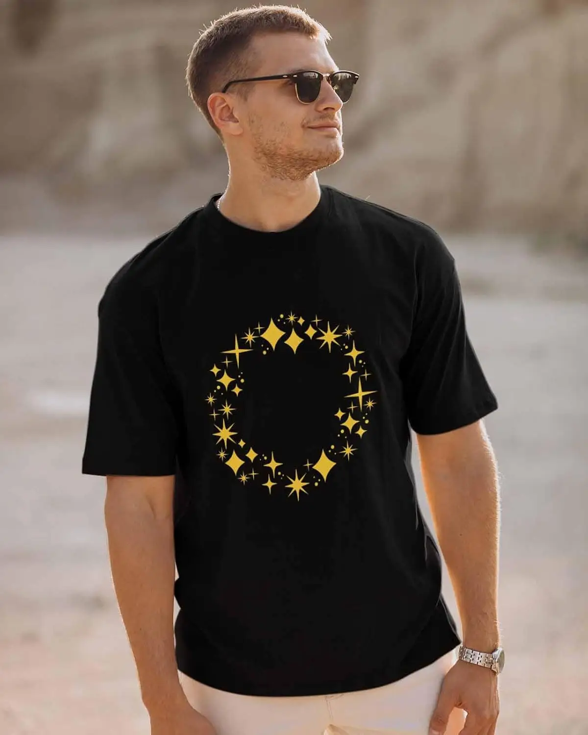 Men's T-Shirt, Novelty Graphic T-Shirt Yellow Stars Circle Cotton Crew Neck Men's Short Sleeve Basic Tshirts Black-L