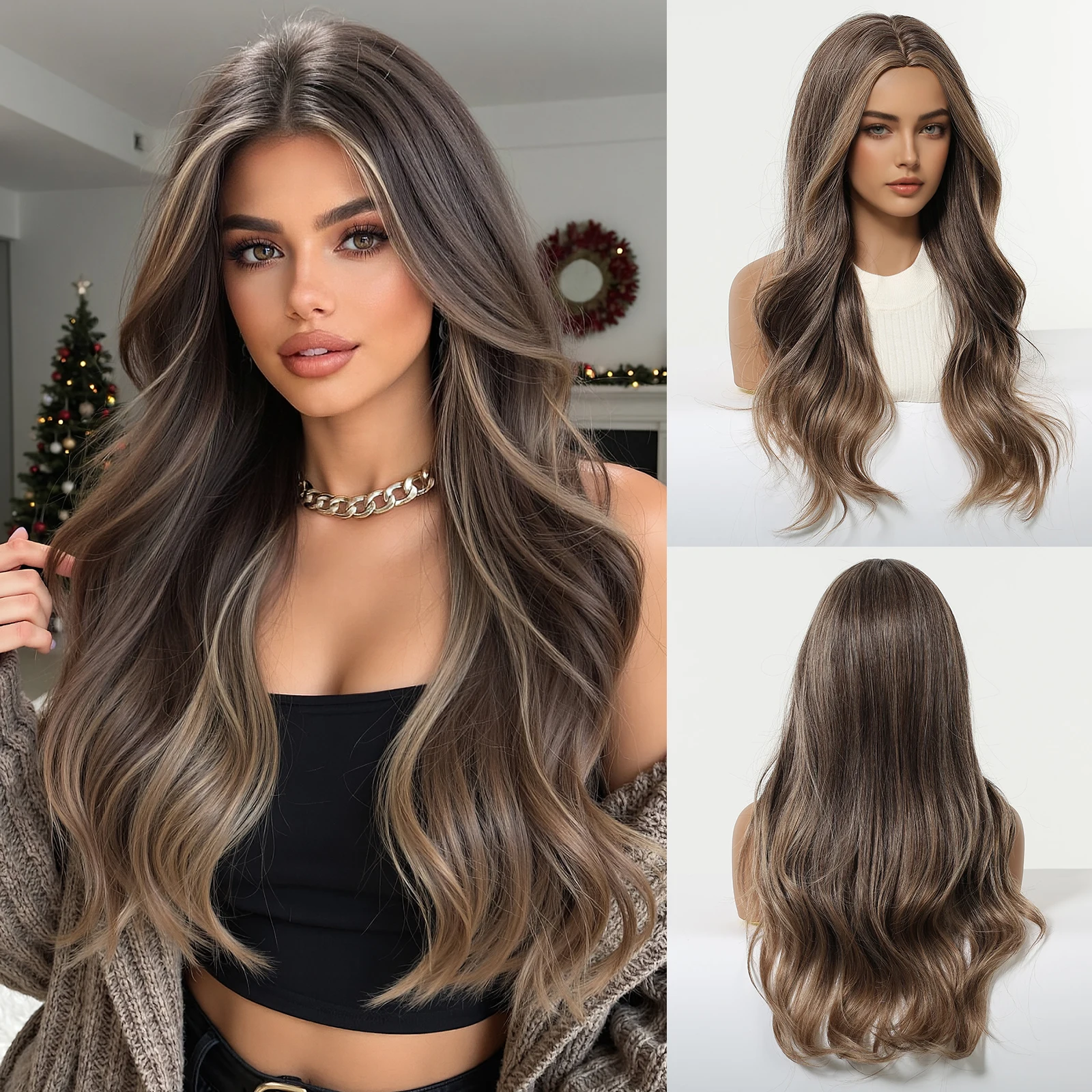 

ALAN EATON Темно-коричневый Светло-коричневый Ombre Синтетические длинные парики для женщин Средняя часть париков Термостойкое волокно Ежедневное использование для вечеринок