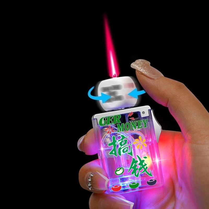Windproof Rotating Dice Mahjong Inflatable Lighter Direct Spray Red Flame Butane Gas Pull Down Ignition Outdoor Lighter