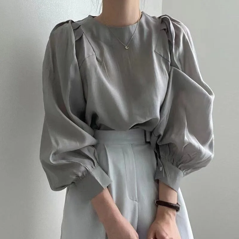 

Ele Vintage Women's Chiffon irt Loose Fit Unique Design Spring Summer New Sle Color round Ne Long Sve Top