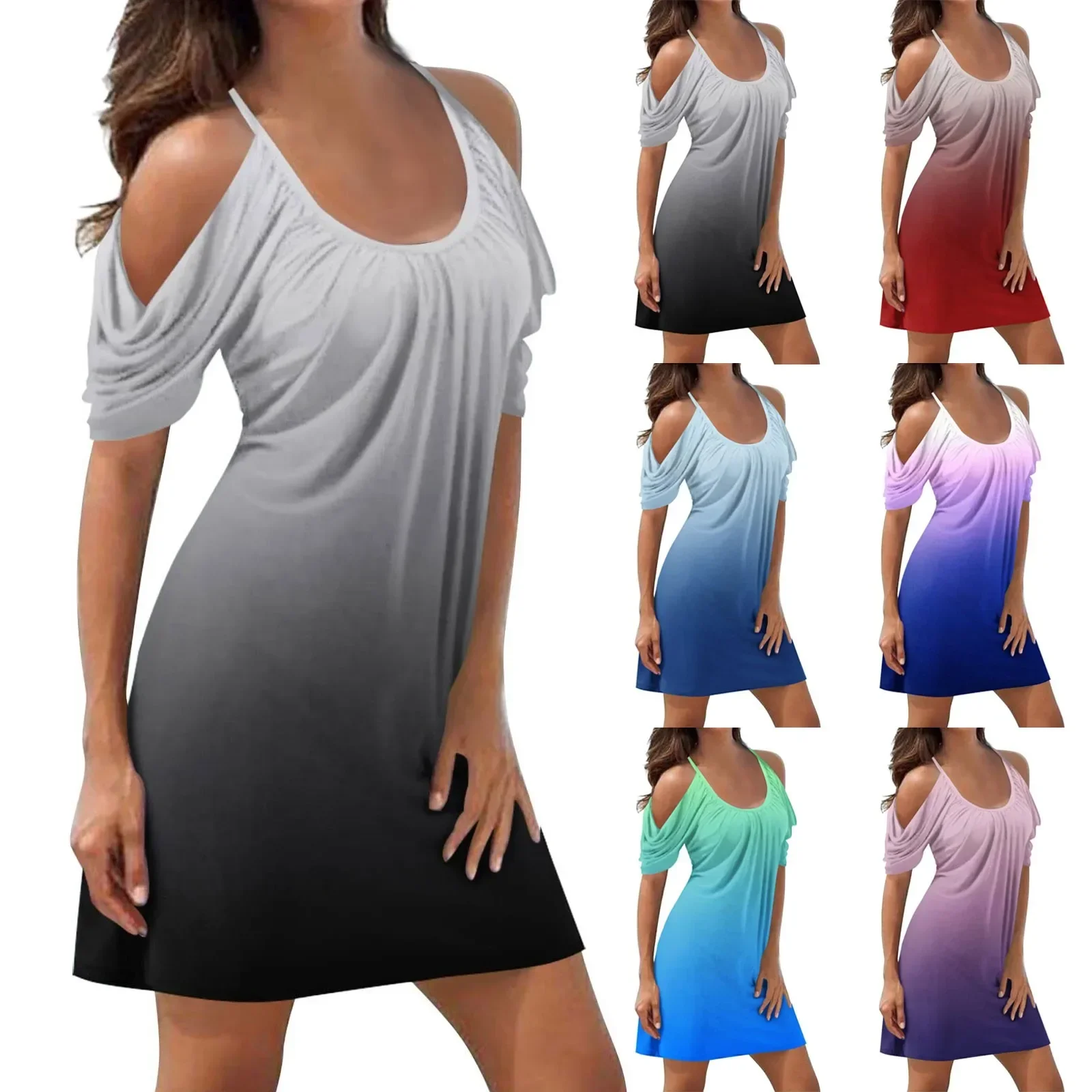 

Summer New Casual Shirts Dress Women Solid Color V Neck Short Sleeve Cold Shoulder Dresses Sexy Elegant Vintage Female Vestidos