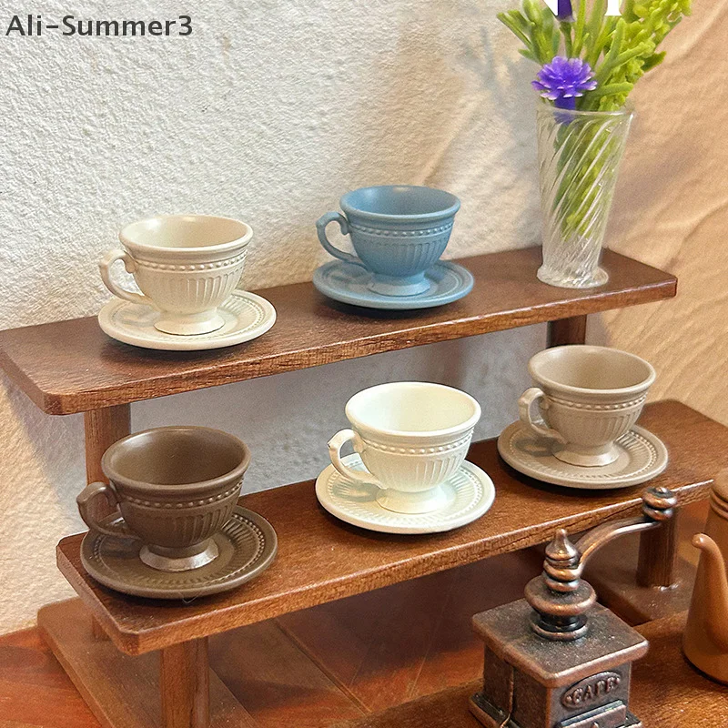 2 Stücke Puppenhaus Miniatur Essgeschirr Mini Vertikale Muster Kaffeetasse Teller Set Spielzeug Modell Puppenhaus Zubehör