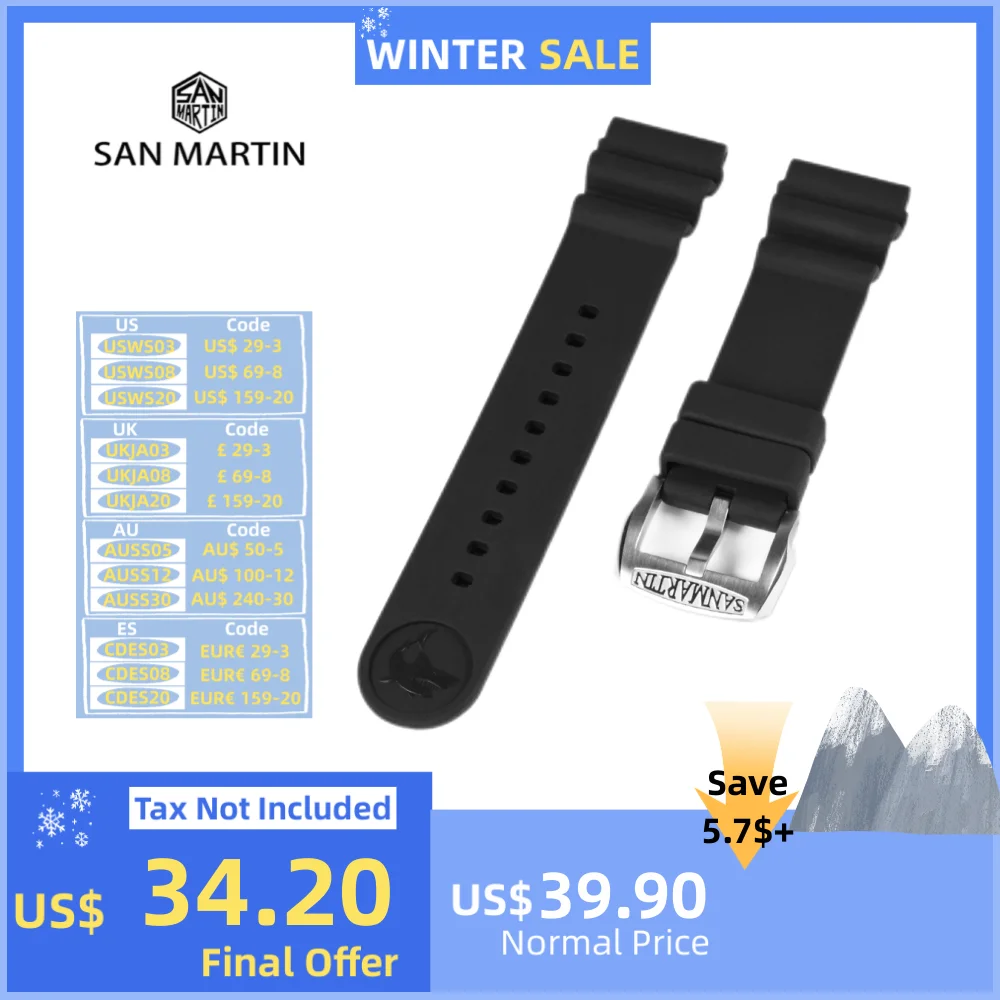 San Martin Watch Accessories Waterproof Straps For Men Women Flexible Fluorine Rubber Watchband Simple Soft 20/22mm Comfortable