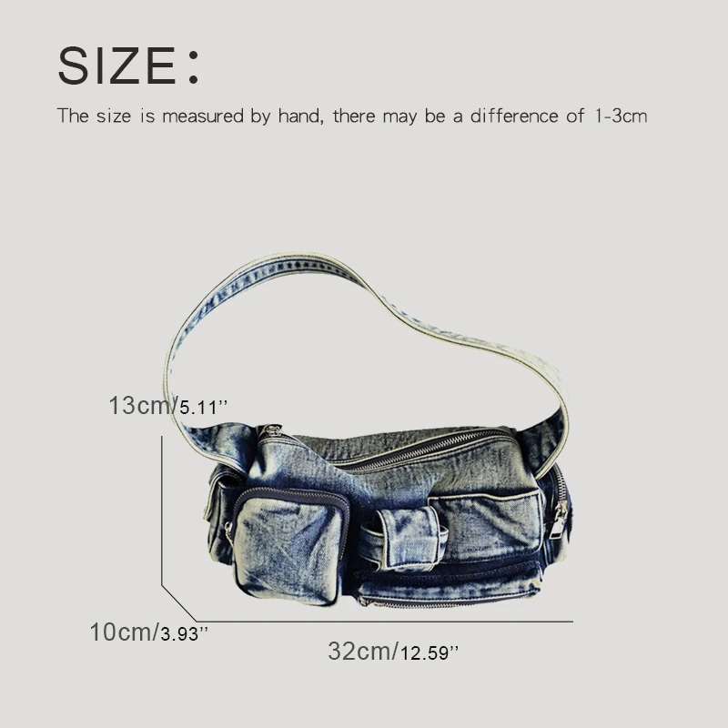 Moto & Biker Denim Bags For Women Luxury Designer Handbags Purses 2024 New In Y2K Multiple Pockets Washing Cloth Armpit Shoulder