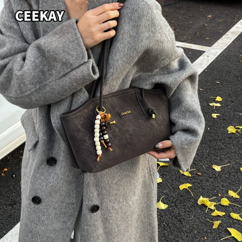 CEEKAY Women's Shoulder Bag Dark Grey Suede Texture Long Handbag Bead Pendant Leather Label Daily Casual Minimalist Style