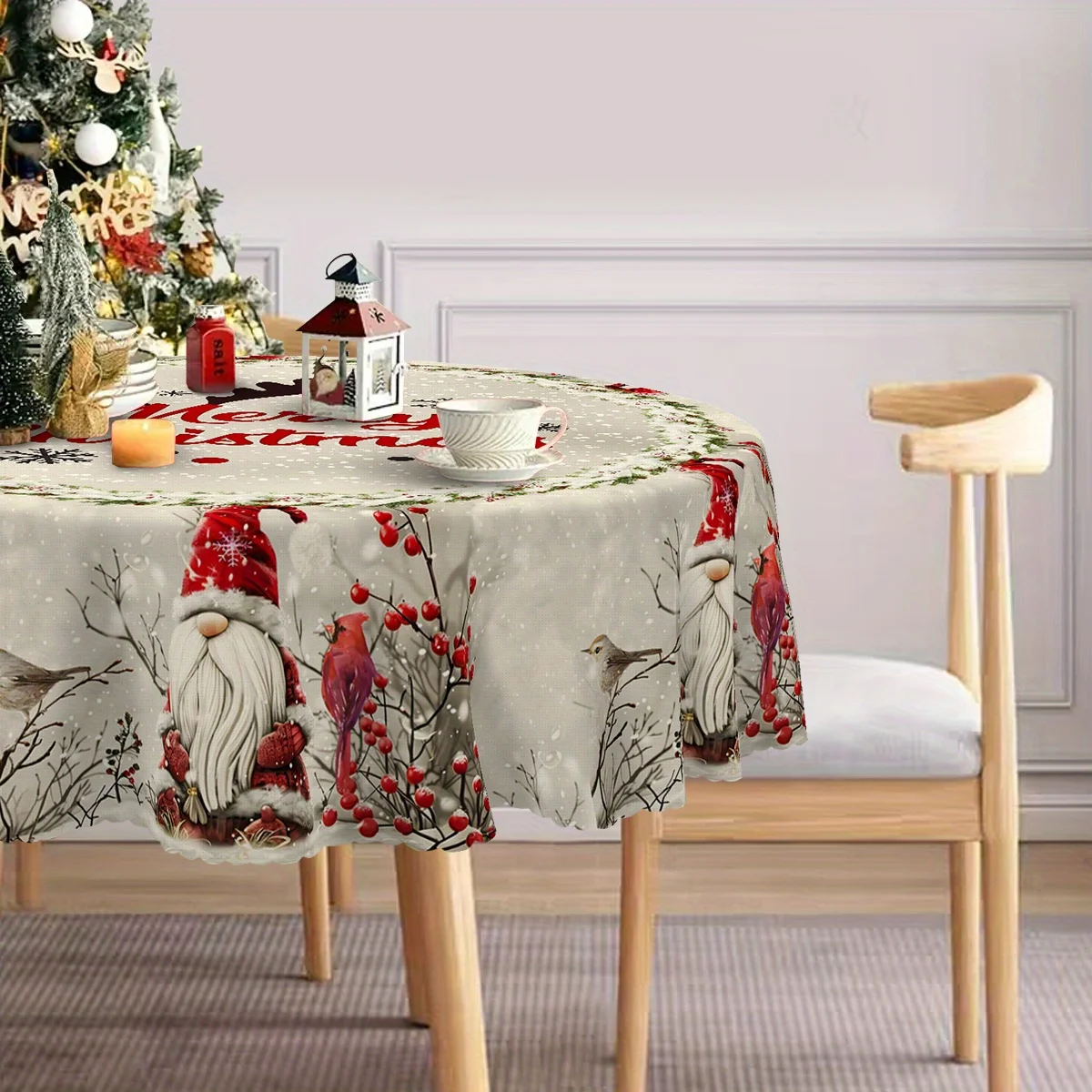 1 piece Merry Christmas round tablecloth, vintage dwarf red leader berry pine snowflake design tablecloth