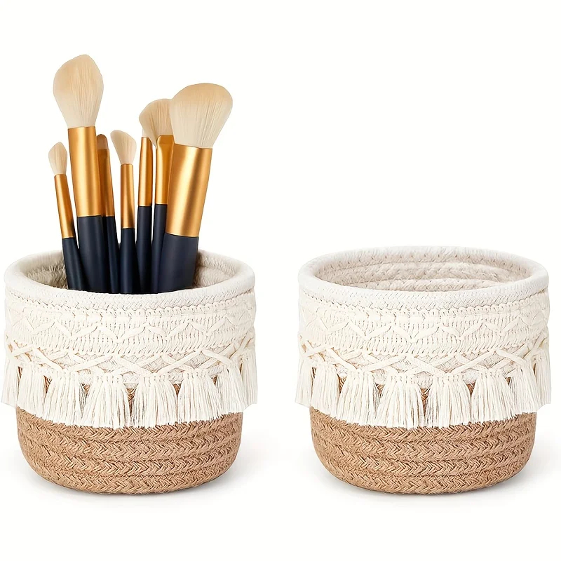 1pc Handcrafted Boho Chic Makeup Brush Holder,Dual-Tone Woven Cosmetic Storage Basket with Tassel Detail, Lightweight