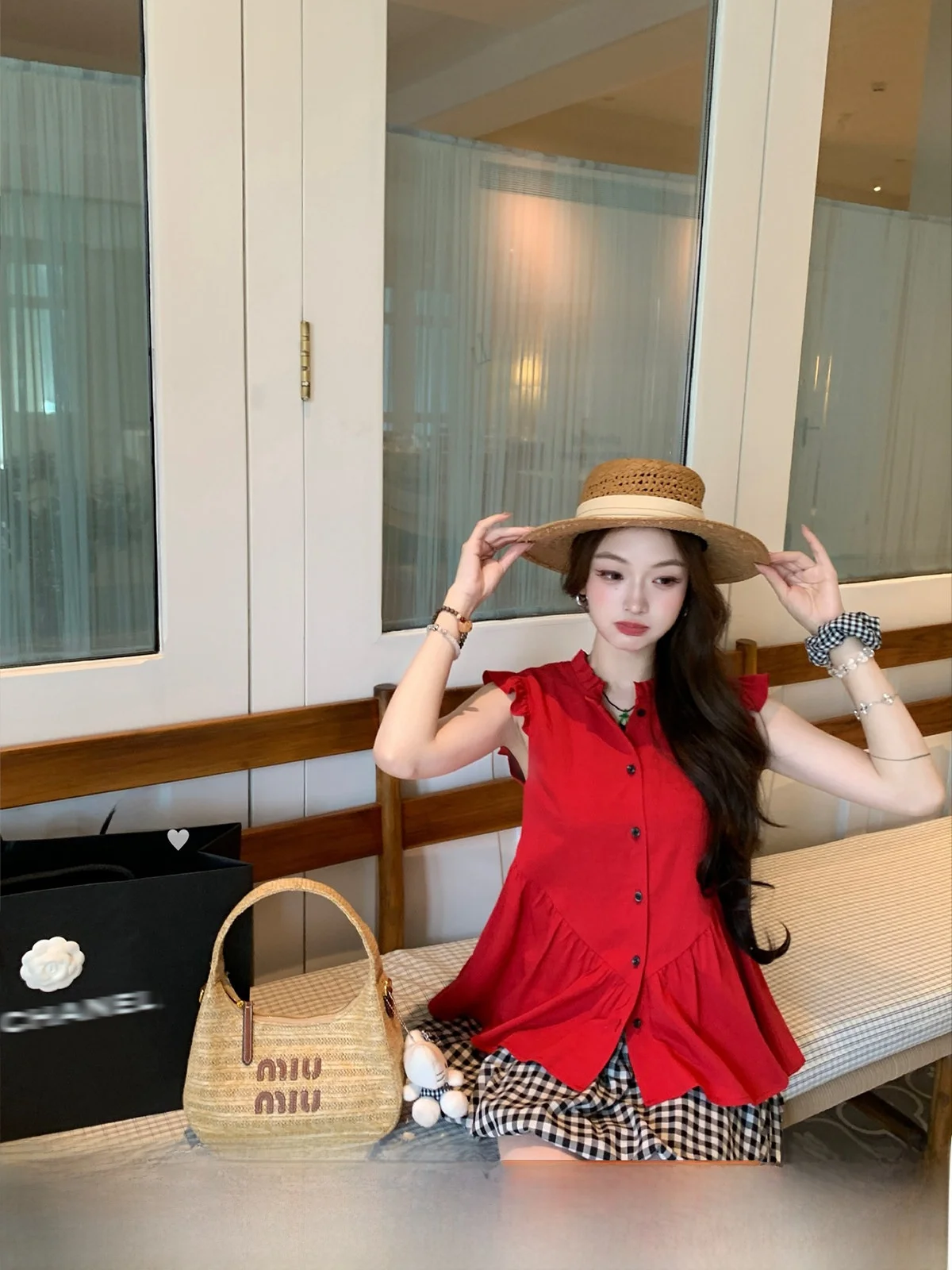 

ThePeachOfficial: Винтажный комплект из утягивающего жилета и юбки в клетку, французский стиль, женская модная летняя коллекция