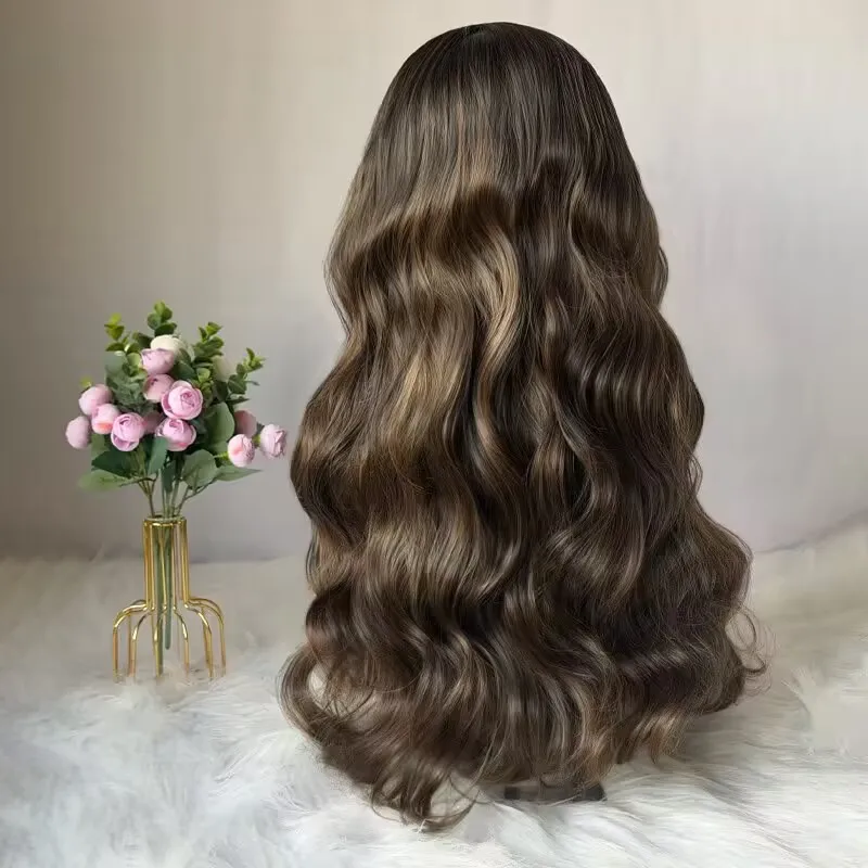 شعر مستعار ناعم طويل مموج أومبير بني داكن يسلط الضوء على شعر مستعار Balayage للنساء جودة عالية الاصطناعية HD الدانتيل الجبهة الباروكات للنساء