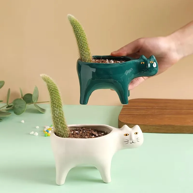 HOT Cute Cat Plant Pot Ceramic Animal Planter Garden Balcony Decor Succulent Flower Pots for Bonsai