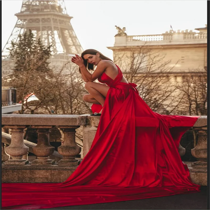 

Сексуальное красное вечернее платье с лямкой на шее, длинное платье для выпускного вечера со шлейфом, индивидуальное сексуальное вечернее платье с открытой спиной, шелковое فساتين مناسبة помещения