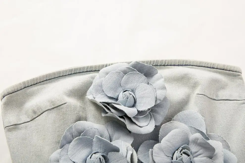 Franse stijl sexy modieuze zware borduurwerk bloemen strapless denim gewassen bell bottom eendelige broek hoge taille jeans