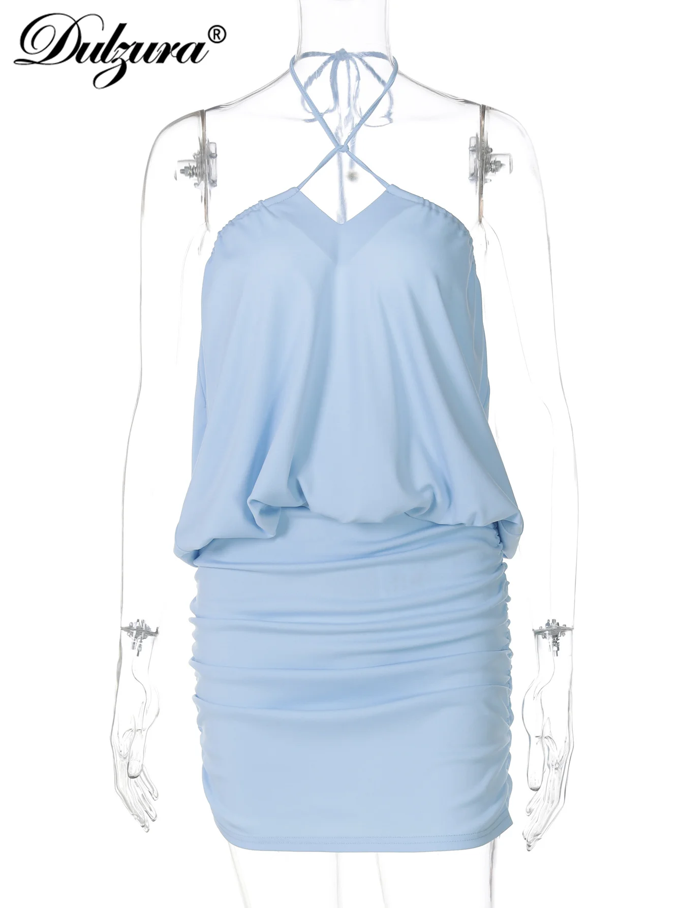 돌주라 섹시 솔리드 엘레강스 투피스 스커트 세트 홀터 슬리브리스 백리스 탑 루슈드 숏 스커트 매칭 세트 파티 클럽 의류