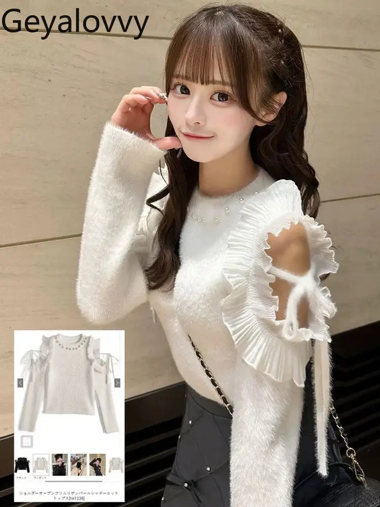 

Новый весенний 2026 года свитер в японском стиле: плюшевый, короткий, вязаный, с круглым вырезом, оборками, бисером, универсальный, с открытыми плечами