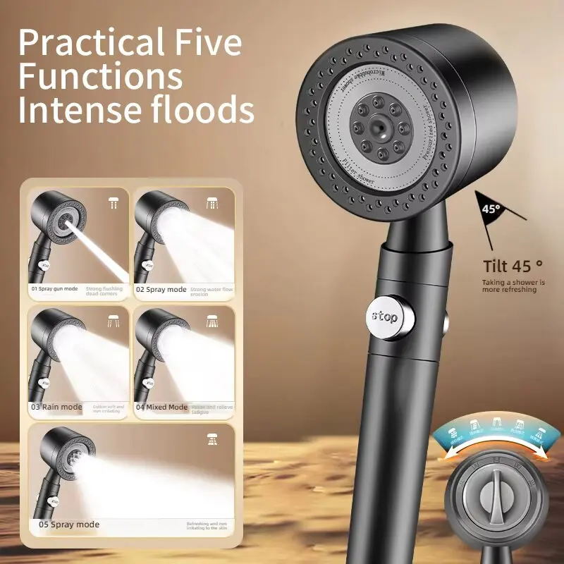 Upgraded 5 Modes High Pressure Shower Head with Stop Button Filiter Showers Massage Spa Handheld Showerhead Bathroom Accessories