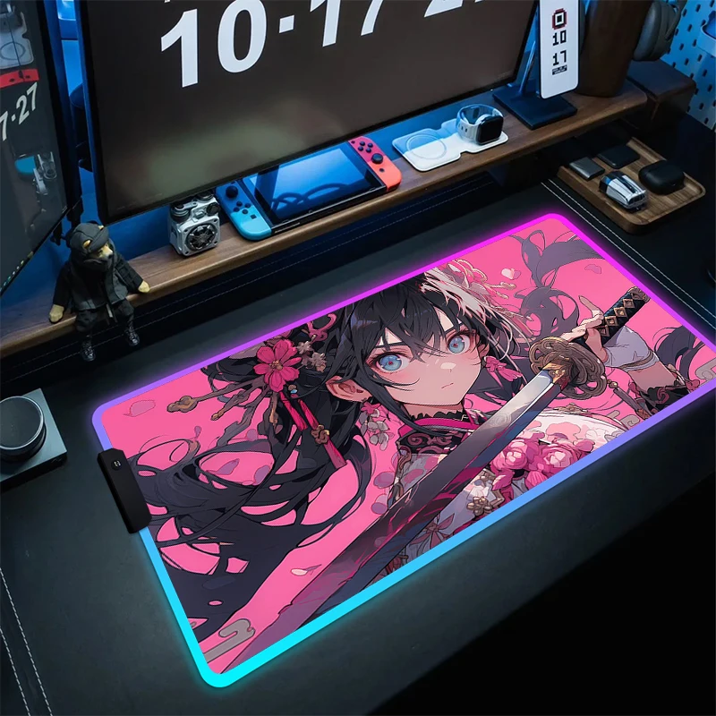 Imagem -03 - Anime Girls Rubber Mouse Pad Antiderrapante Led Gaming Mousepad Tapete de Teclado Tapete de Bloqueio do Jogo Acessórios Rgb