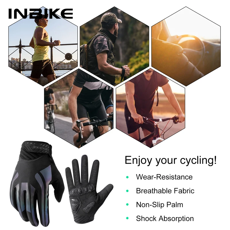 INBIKE MTB Cycling Gloves Padding Full Finger Colorful Reflective Bike Gloves Men Touch Screen Non-slip Men Bicycle Gloves MF339